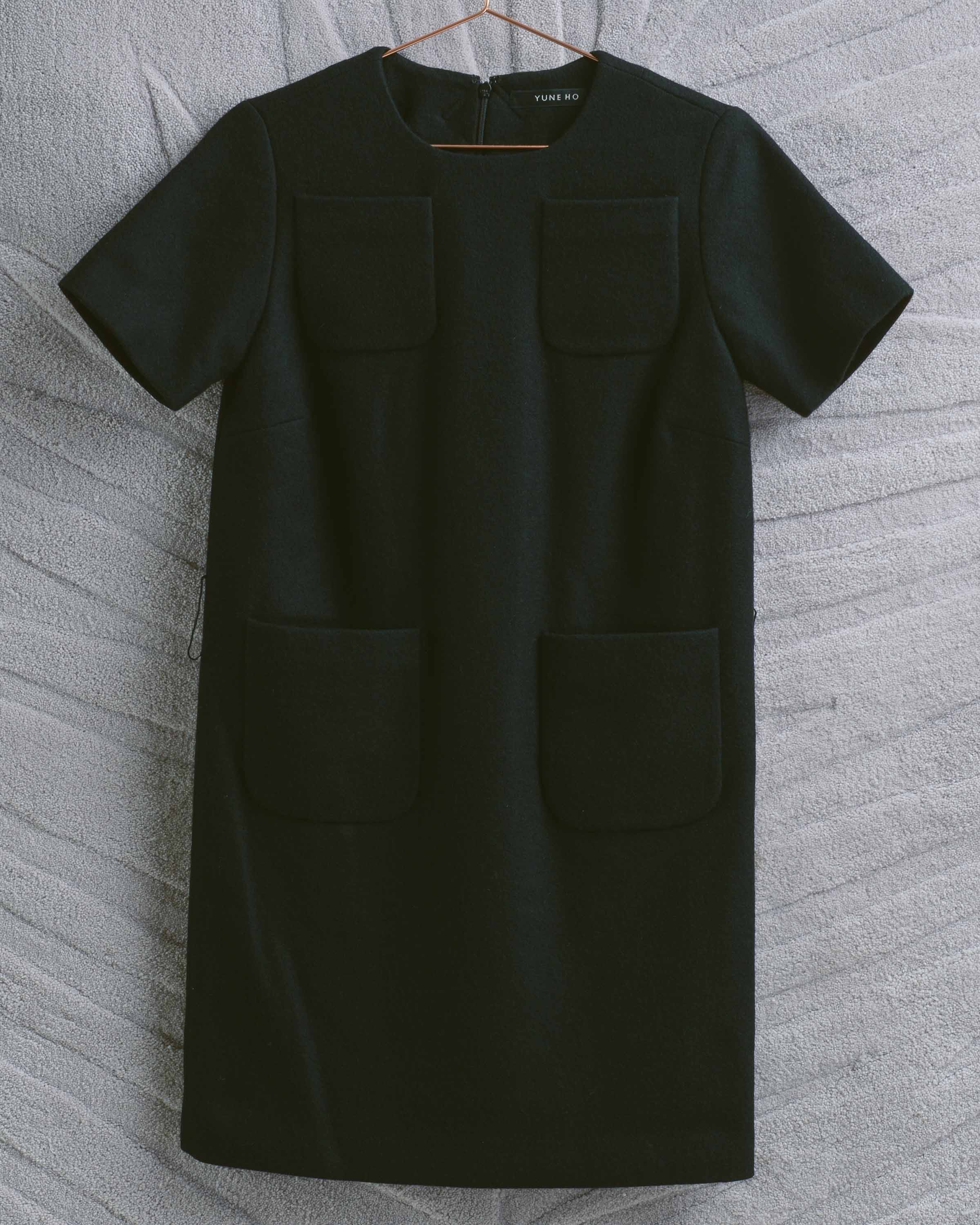 Black Textured Lined Multi Pocket Shift Dress