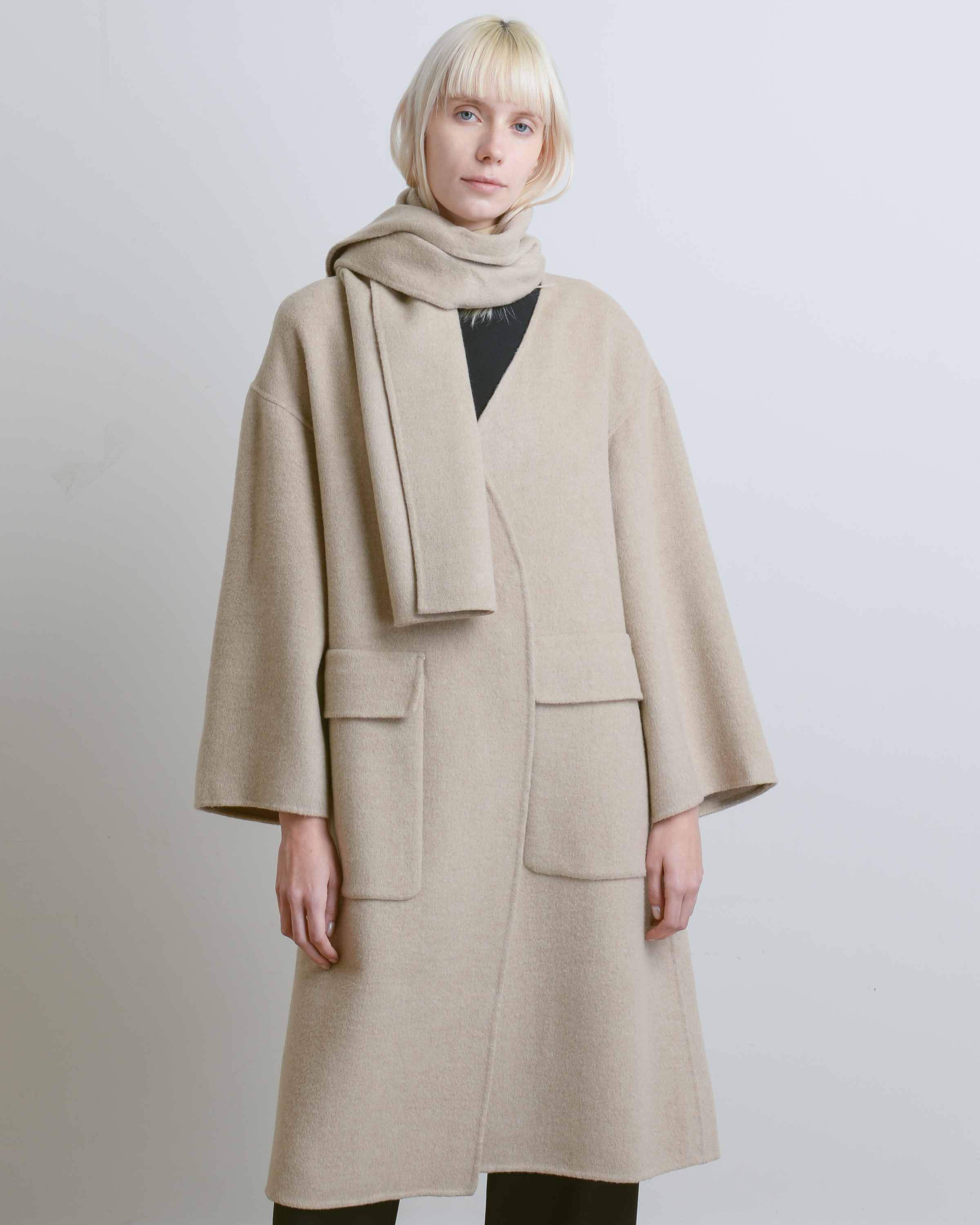 Taupe Wool Blend Handmade Coat with Scarf