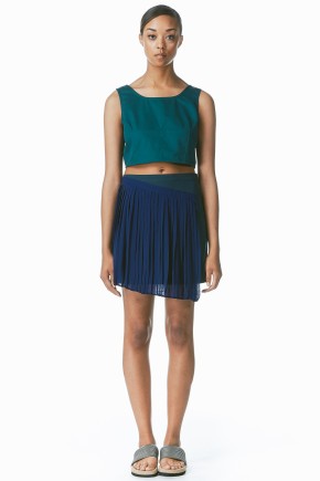 Navy Asymmetric Pleated Wrap Skirt